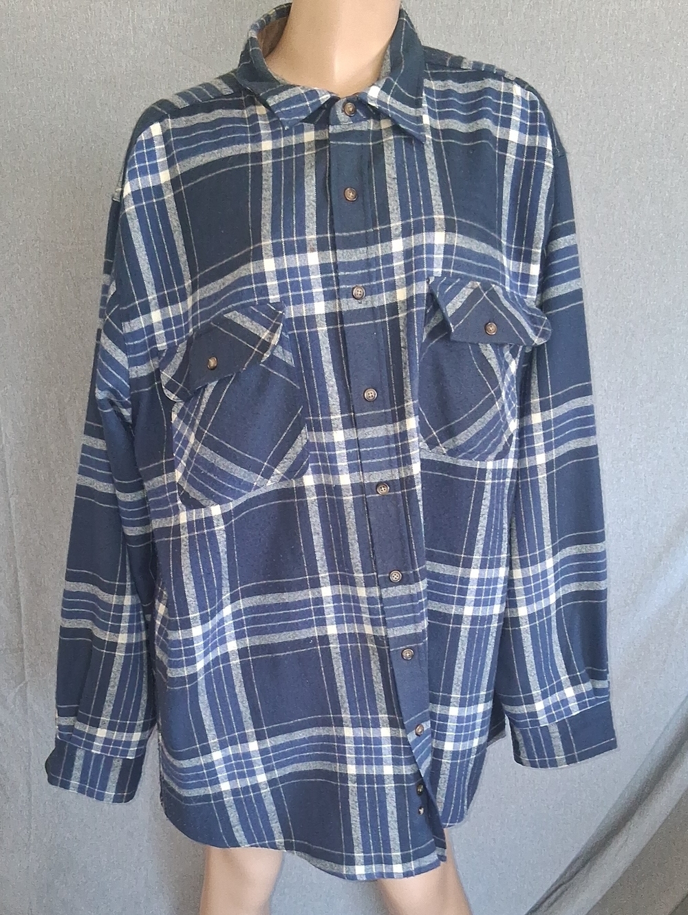 High Sierra Blue and White Plaid Shirt with Brown Collar Trim